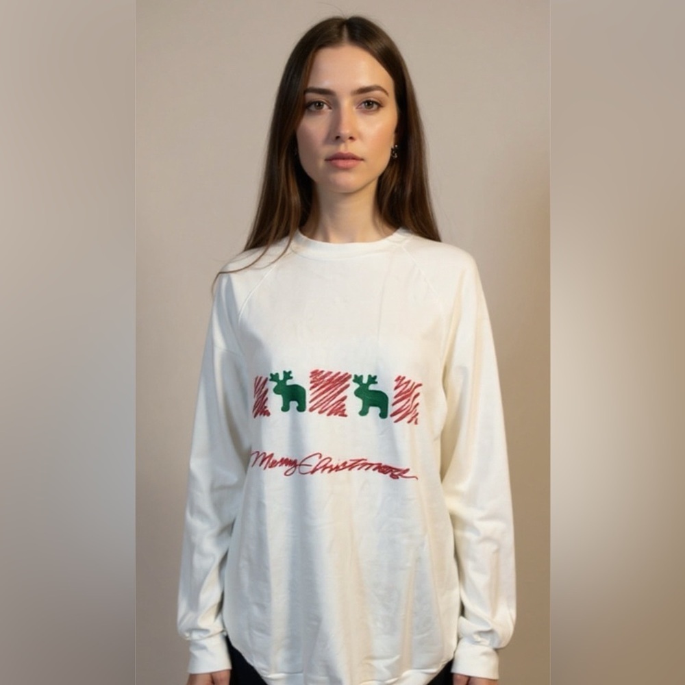 Vintage Jerzees Merry Christmas White Sweatshirt XL
